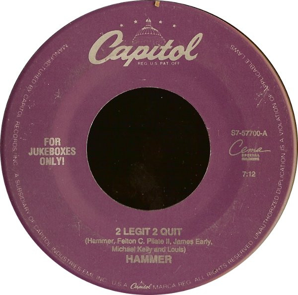  M.C. Hammer -- 2 Legit 2 Quit, 1991 (M) 45 rpm record, $8.00 - Click for bigger image and more info 
