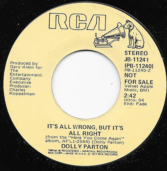  Dolly Parton -- It's All Wrong, But It's All Right, 1978 (M-) 45 rpm record with factory sleeve, $7.00 - Click for bigger image and more info 