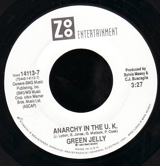 Green Jelly -- Anarchy In The U.K./ Green Jelly Theme Song, 1993 (M) 45 rpm record, $6.50 - Click for bigger image and more info 