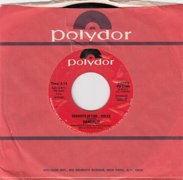 Vangelis -- Chariots of Fire - Titles/ Eric's Theme, 1981 (M) 45 rpm record with factory sleeve, $5.50 - Click for bigger image and more info 