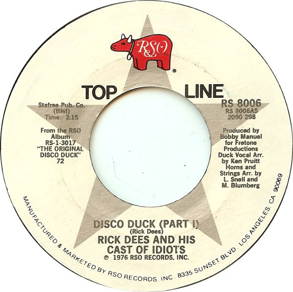  Rick Dees -- Disco Duck (Part 1)/ Barely White (That'll Get It Baby, 1978 (M ) 45 rpm record with factory sleeve, $6.00 - Click for bigger image and more info 