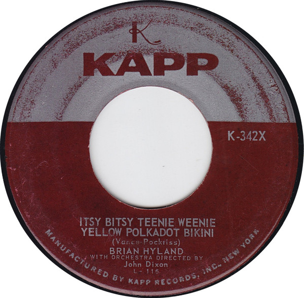  Brian Hyland -- Itsy Bitsy Teenie Weenie Yellow Polkadot Bikini/ Don't Dilly Dally, Sally, 1960 (M-) 45 rpm record with factory sleeve, $15.00 - Click for bigger image and more info 