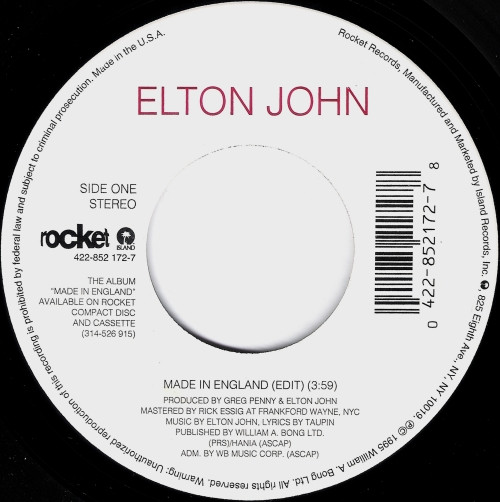  Elton John -- Made In England/ Lucy In The Sky With Diamonds, 1995 (M- ) 45 rpm record, $9.00 - Click for bigger image and more info 