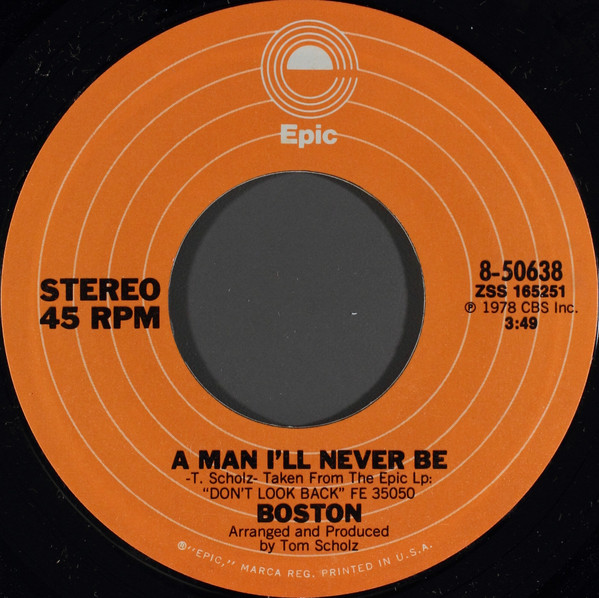  Boston -- A Man I'll Never Be/ Don't Be Afraid, 1978 (M-) 45 rpm record with factory sleeve, $8.00 - Click for bigger image and more info 