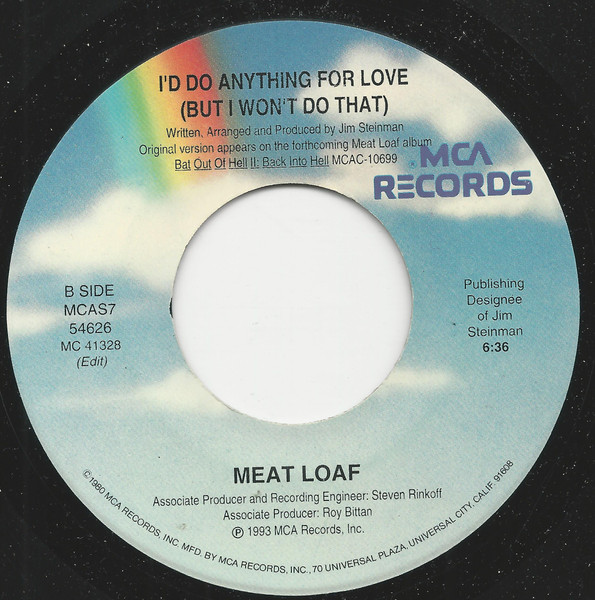  Meat Loaf -- I'd Do Anything For Love (But I Won't Do That), 1994 (M ) 45 rpm record with factory sleeve, $10.00 - Click for bigger image and more info 