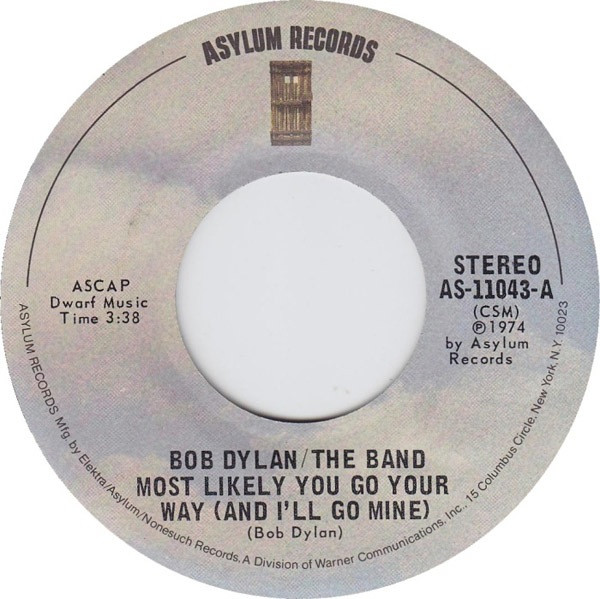  Bob Dylan / The Band -- Most Likely You Go Your Way (And I'll Go Mine)/ Stage Fright, 1974 (M-) 45 rpm record with factory sleeve, $10.00 - Click for bigger image and more info 