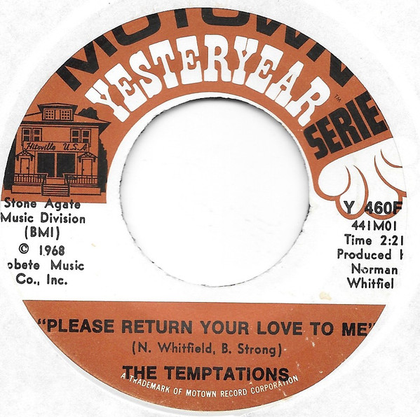  Temptations -- I Could Never Love Another (After Loving You)/ Please Return Your Love To Me, 1968 (M ) 45 rpm record, $7.00 - Click for bigger image and more info 