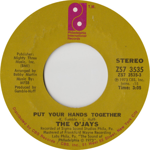  O'Jays -- Put Your Hands Together/ You Got Your Hooks In Me, 1973 (M-) 45 rpm record with factory sleeve, $10.00 - Click for bigger image and more info 