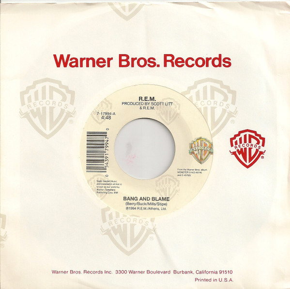  R.E.M. -- Bang And Blame, 1995 (M) 45 rpm record, $10.00 - Click for bigger image and more info 