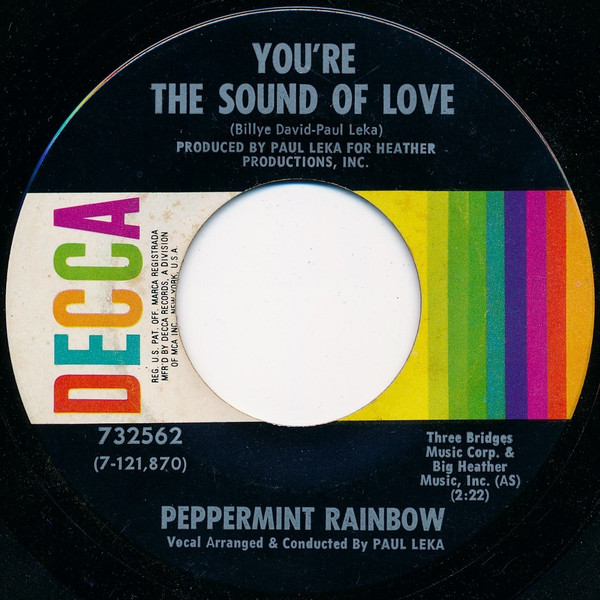  Peppermint Rainbow -- You're The Sound Of Love/ Jamais, 1969 (M-) 45 rpm record, $9.00 - Click for bigger image and more info 