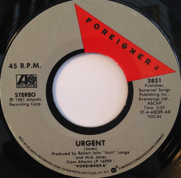  Foreigner -- Urgent/ Girl on the Moon, 1981 (M) 45 rpm record with factory sleeve, $8.00 - Click for bigger image and more info 