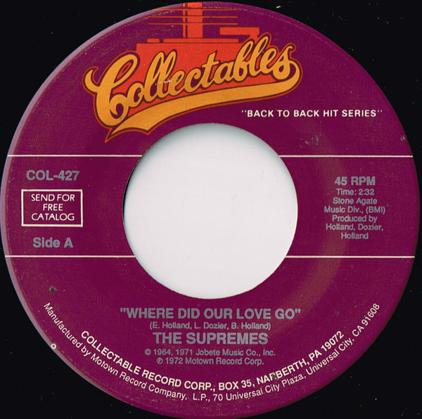  Supremes -- Where Did Our Love Go, 1964 (M) 45 rpm record, $10.00 - Click for bigger image and more info 